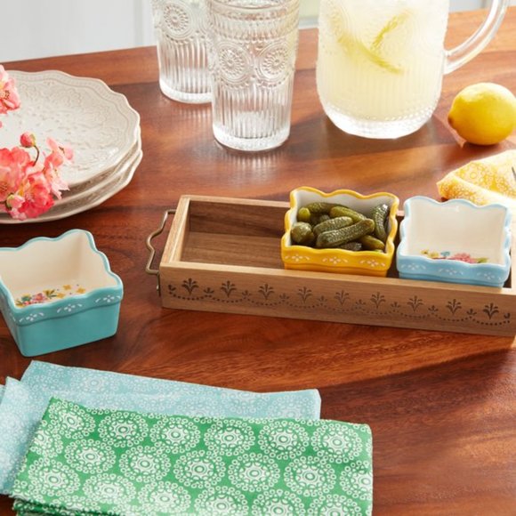 Pioneer Woman Condiment Dish Set with Acacia Wood Tray NEW IN BOX - Picture 2 of 7